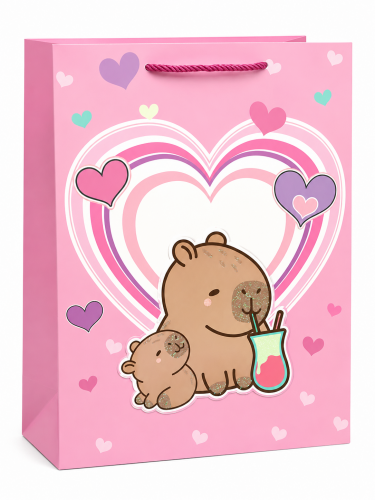 BOLSA SACOLA DE PAPEL PARA PRESENTE COM GLITTER CAPIVARA 3D 40X30X12CM