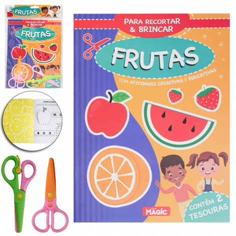 LIVRO PARA RECORTAR E BRINCAR FRUTAS COM ATIVIDADES CRIATIVAS E EDUCATIVAS + 2 TESOURAS 15 PAGINAS 27X20CM